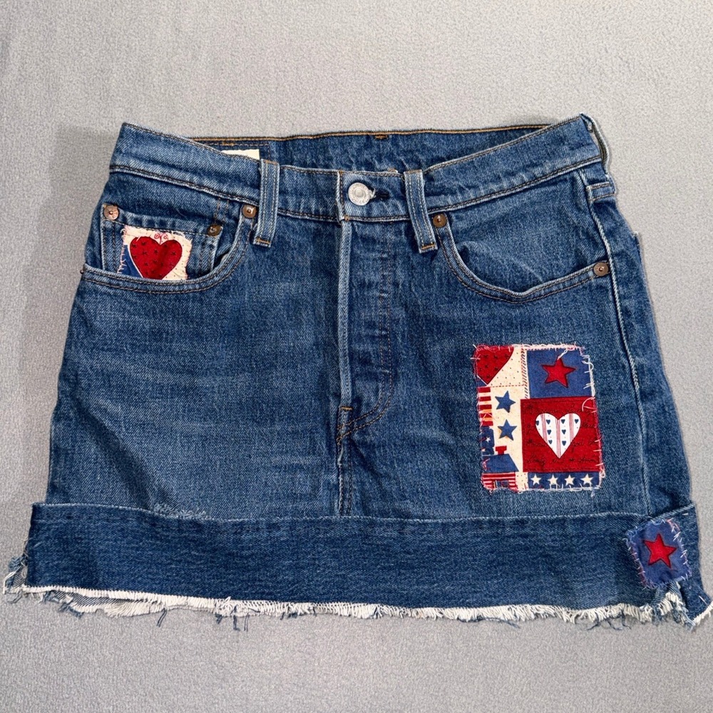 Custom Reconstructed Levis 501 Denim Mini Skirt Patchwork BOHO Art Distressed 27